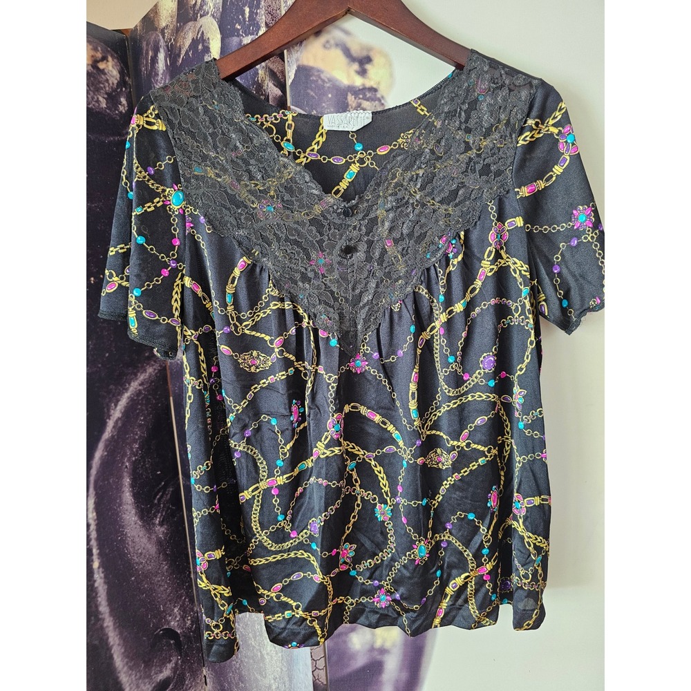 Vassarette Vintage Black Satin Gold Chain Jewel Print Lace Trim Pajama Top L